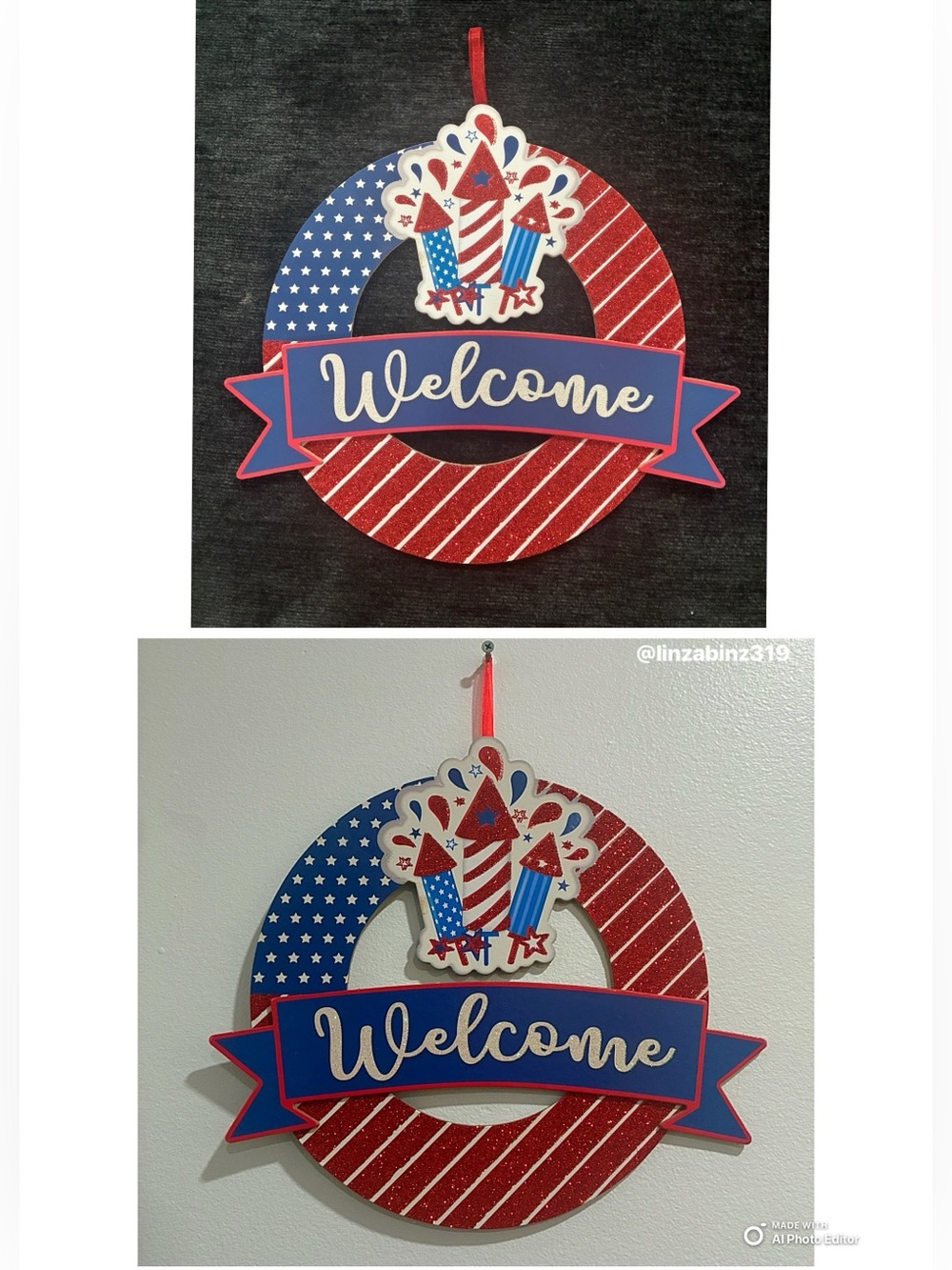 NWT- Round American Flag- Glittered Welcome Patriotic Wreath Decor Sign